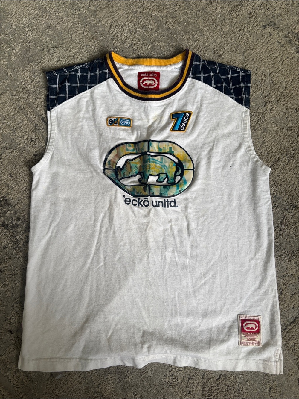 Ecko Unlimited Y2K White Tank with Blue & Yellow Accents Camo Rhino RUNS small